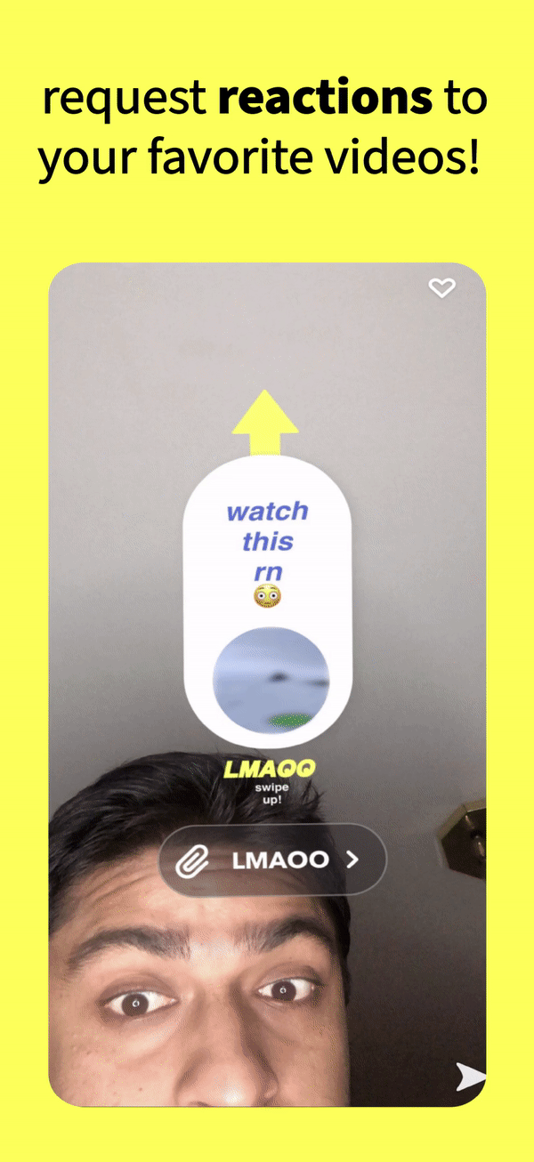 slideshow of 
              LMAOO App features including: 'request reactions to your favorite video', 
              'have your friends film their authentic reactions', 
              'keep all of them safe in the app', 
              'collect reactions and request more' 
